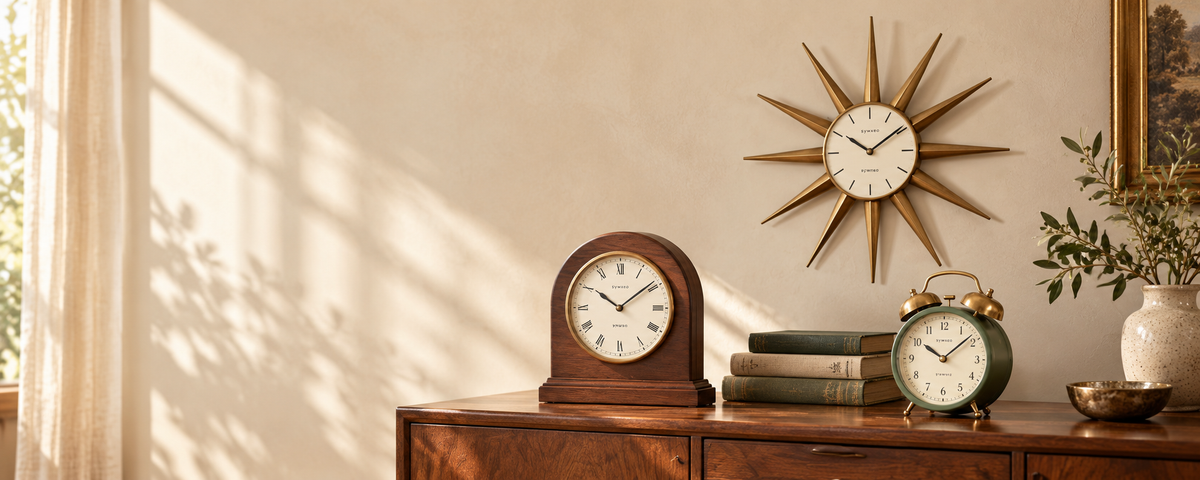 Vintage walnut mantel clock, brass sunburst wall clock and sage bedside clock